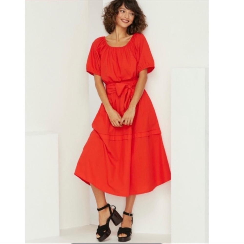 ROLLER RABBIT ARRIA DRESS 100% COTTON MIDI PUFF SLEEVE RED SIZE M